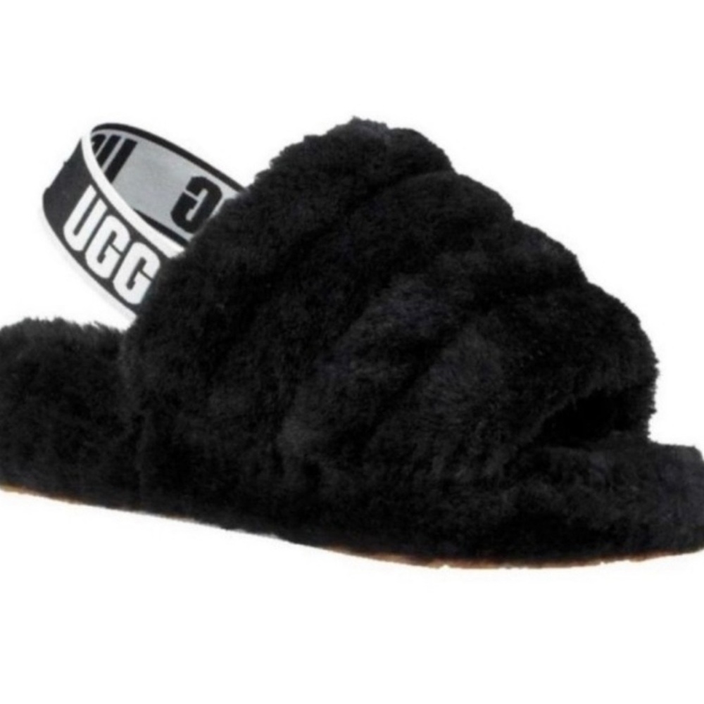 UGG Black Fluffy Slides Fuzzy Slippers Sandals Logo Strap Womens Size 10